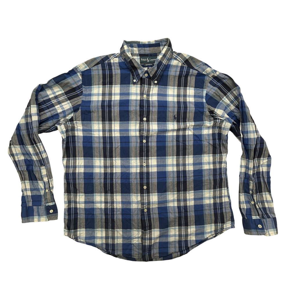Ralph Lauren Shirt Mens 2XL Custom Fit Plaid Long Sleeve Button Down Blue
